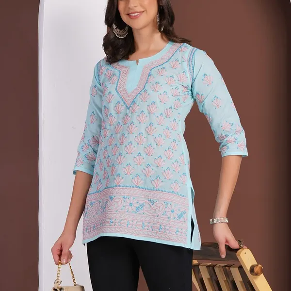 Sky_Blue_Hand_Embroidered_Chikan_Cotton_Top_With_Contrast_Thread_Work