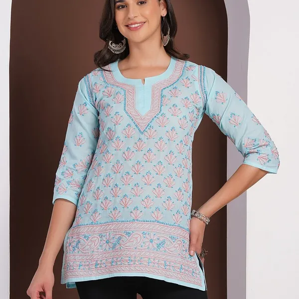 Sky_Blue_Hand_Embroidered_Chikan_Cotton_Top_With_Contrast_Thread_Work