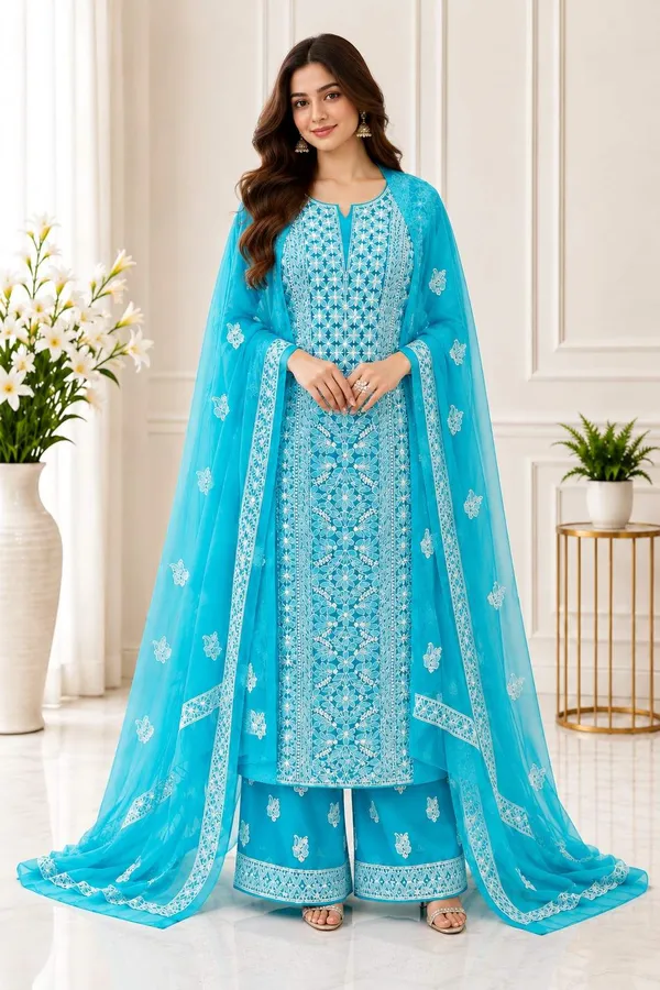 Turquoise_Blue_Suit_Piece_Chiffon_Jaal_With_Dupatta