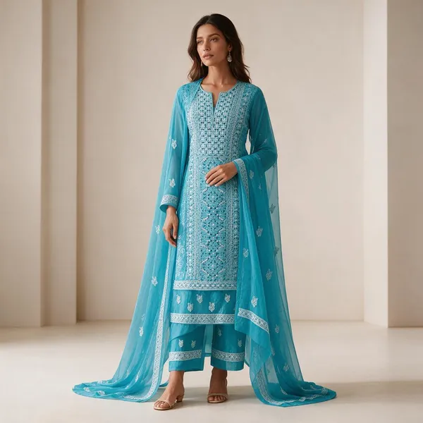 Turquoise_Blue_Suit_Piece_Chiffon_Jaal_With_Dupatta