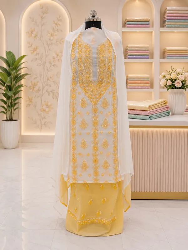 Golden_Yellow_Hand_Embroidered_Soft_Cotton_Unstitched_Contrast_Chikan_Suit_Set
