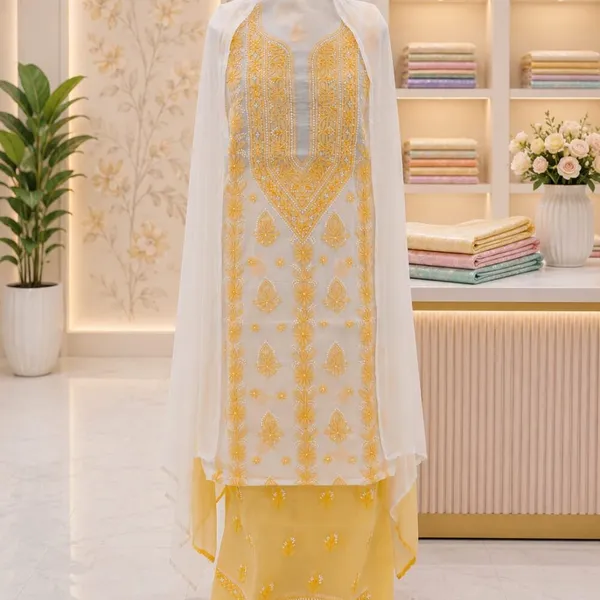 Golden_Yellow_Hand_Embroidered_Soft_Cotton_Unstitched_Contrast_Chikan_Suit_Set