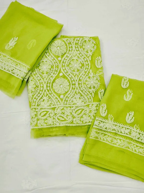 Lime_Green_Hand_Crafted_Soft_Chiffon_Unstitched_Chikan_Suit_Set_In_Panel_Pattern
