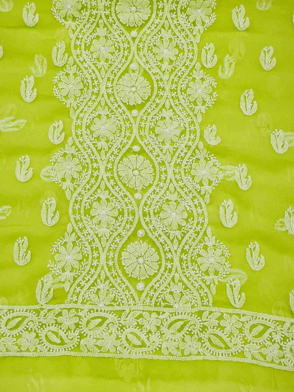 Lime_Green_Hand_Crafted_Soft_Chiffon_Unstitched_Chikan_Suit_Set_In_Panel_Pattern