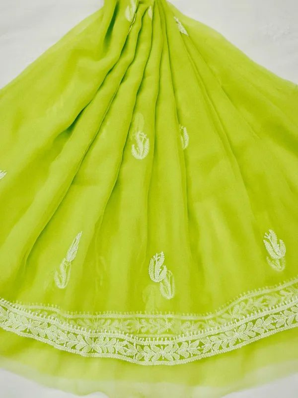 Lime_Green_Hand_Crafted_Soft_Chiffon_Unstitched_Chikan_Suit_Set_In_Panel_Pattern