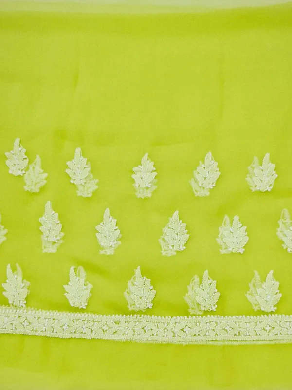 Lime_Green_Hand_Crafted_Soft_Chiffon_Unstitched_Chikan_Suit_Set_In_Panel_Pattern