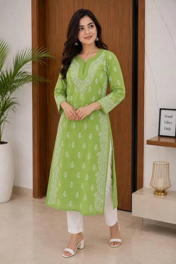 Olive_Green_Hand_Embroidered_Lucknowi_Chikankari_Akira_Cotton_Kurti