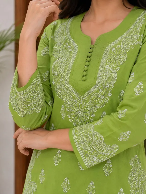 Olive_Green_Hand_Embroidered_Lucknowi_Chikankari_Akira_Cotton_Kurti