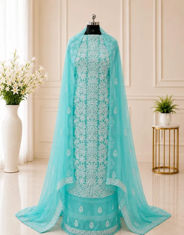Aqua_Blue_Hand_Embroidered_Soft_Chiffon_Unstitched_Garth_Chikankari_Suit_Set_With_Dupatta