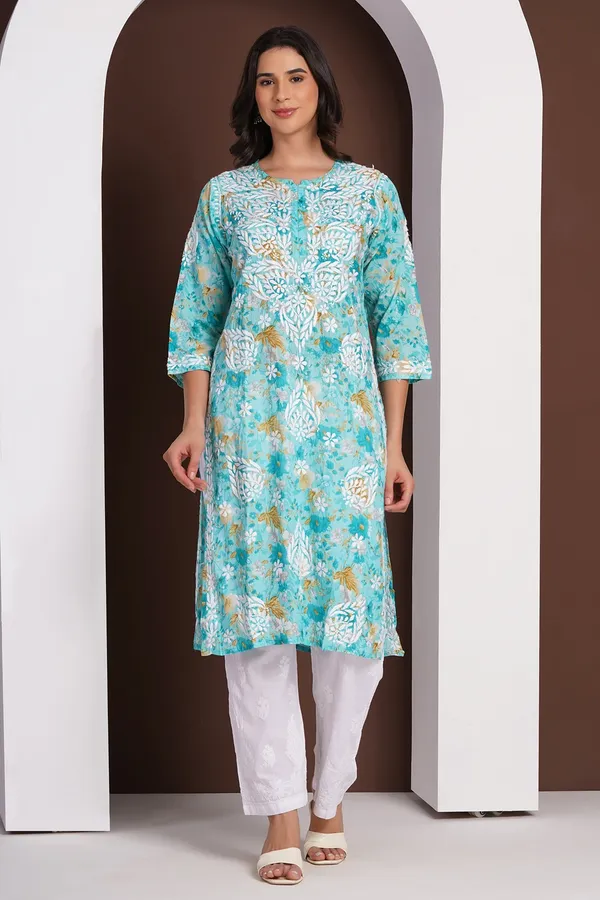 Aqua_Blue_Handcrafted_Chikan_Floral_Print_Mul_Cotton_Kurti