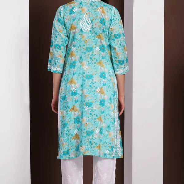 Aqua_Blue_Handcrafted_Chikan_Floral_Print_Mul_Cotton_Kurti