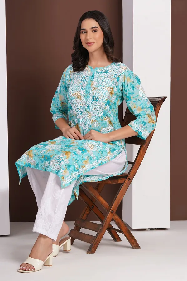 Aqua_Blue_Handcrafted_Chikan_Floral_Print_Mul_Cotton_Kurti