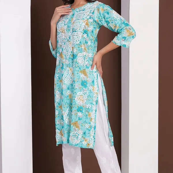 Aqua_Blue_Handcrafted_Chikan_Floral_Print_Mul_Cotton_Kurti