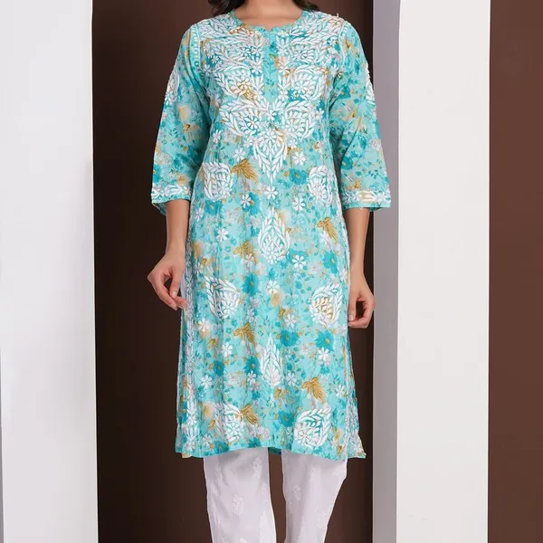 Aqua_Blue_Handcrafted_Chikan_Floral_Print_Mul_Cotton_Kurti