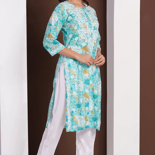 Aqua_Blue_Handcrafted_Chikan_Floral_Print_Mul_Cotton_Kurti