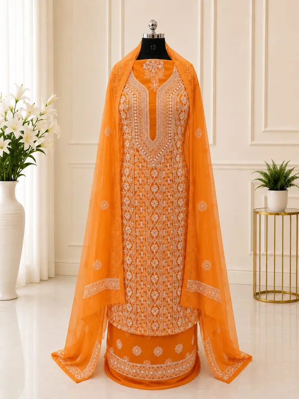 Tangerine_Orange_Chiffon_Front_Jaal_Suit_Piece_With_Dupatta