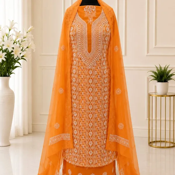 Tangerine_Orange_Chiffon_Front_Jaal_Suit_Piece_With_Dupatta