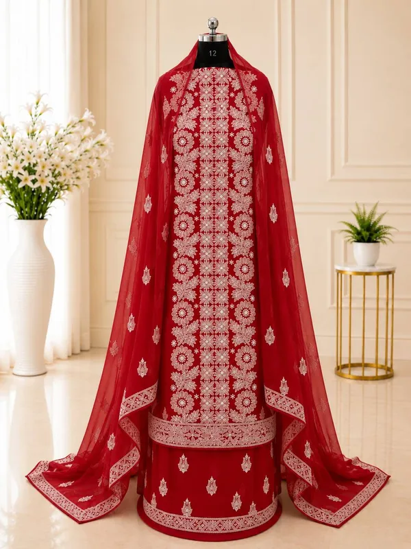 Cherry_Red_Hand_Crafted_Soft_Chiffon_Unstitched_Chikan_Suit_Set_Panel_Pattern