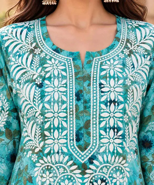 Teal_Blue_Handcrafted_Lucknowi_Chikan_Cotton_Kurti_Set