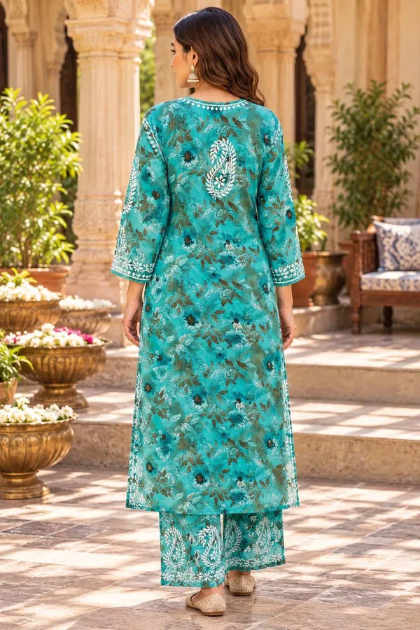 Teal_Blue_Handcrafted_Lucknowi_Chikan_Cotton_Kurti_Set