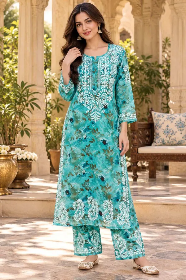 Teal_Blue_Handcrafted_Lucknowi_Chikan_Cotton_Kurti_Set