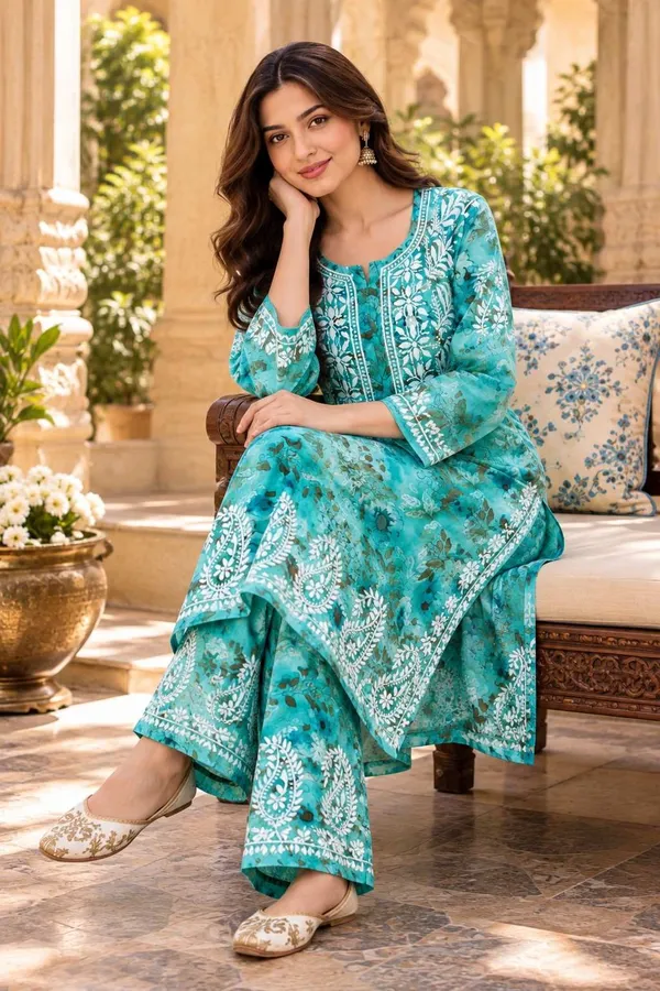 Teal_Blue_Handcrafted_Lucknowi_Chikan_Cotton_Kurti_Set