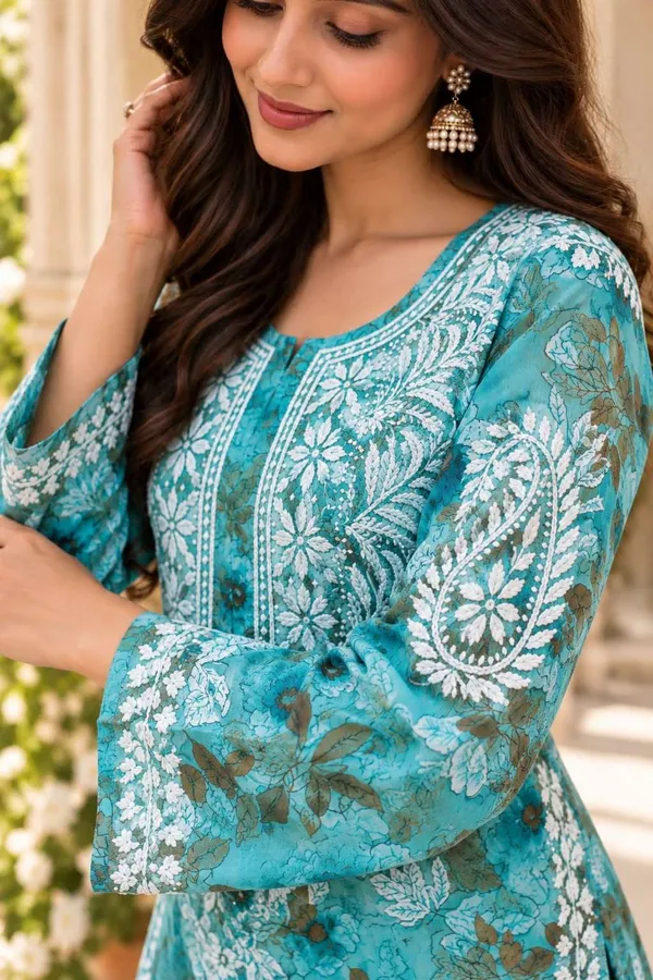 Teal_Blue_Handcrafted_Lucknowi_Chikan_Cotton_Kurti_Set