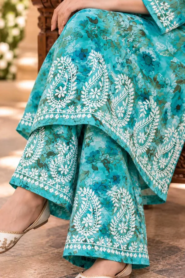 Teal_Blue_Handcrafted_Lucknowi_Chikan_Cotton_Kurti_Set