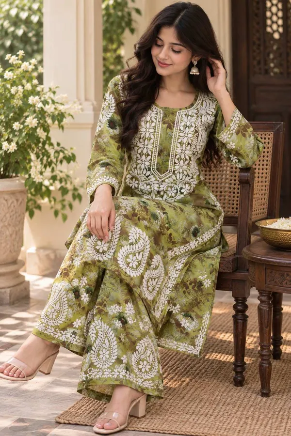 Olive_Green_Handcrafted_Lucknowi_Chikan__Cotton_Kurti_Set