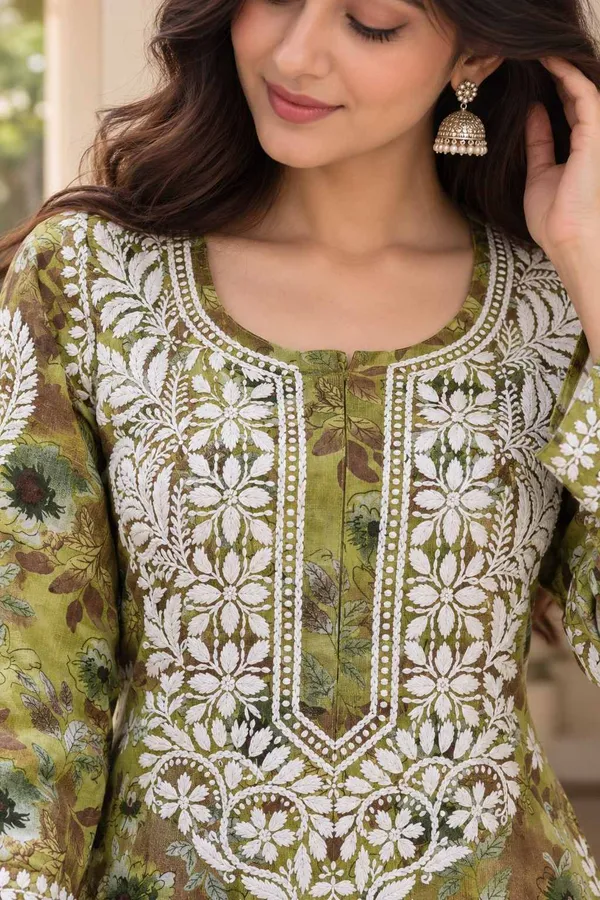 Olive_Green_Handcrafted_Lucknowi_Chikan__Cotton_Kurti_Set