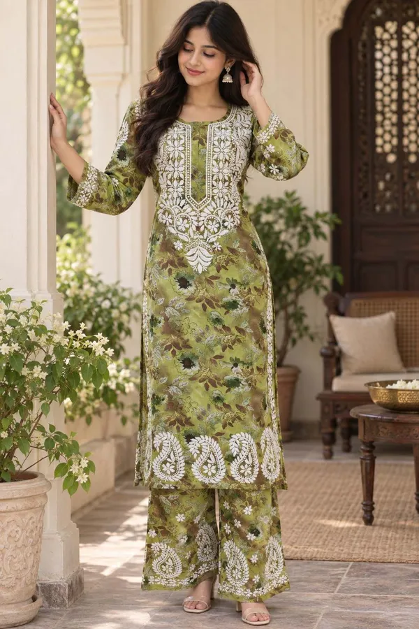 Olive_Green_Handcrafted_Lucknowi_Chikan__Cotton_Kurti_Set