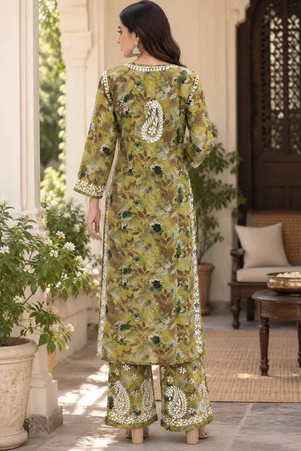 Olive_Green_Handcrafted_Lucknowi_Chikan__Cotton_Kurti_Set