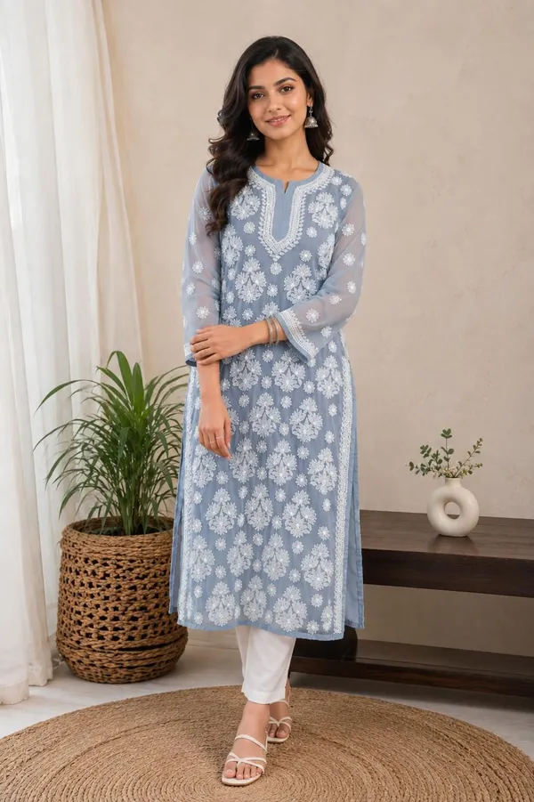 Grey_Hand_Embroidered_Lucknowi_Chikankari_Chiffon_Kurti_With_Full_Buti_Jaal