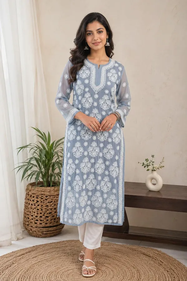Grey_Hand_Embroidered_Lucknowi_Chikankari_Chiffon_Kurti_With_Full_Buti_Jaal