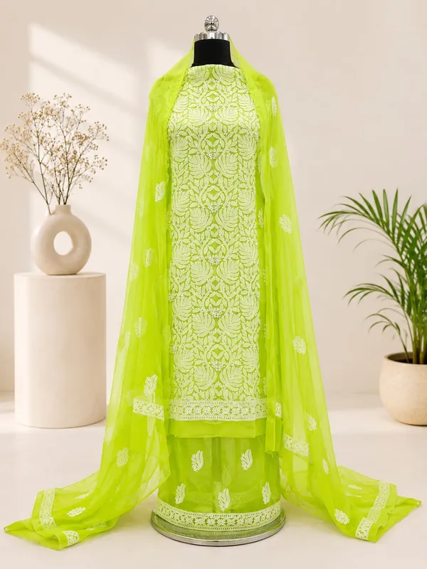 Neon_Lime_Green_Hand_Embroidered_Soft_Chiffon_Unstitched_Leaf_Chikankari_Suit_Set_With_Dupatta