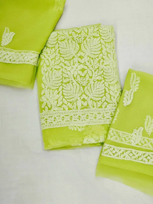 Neon_Lime_Green_Hand_Embroidered_Soft_Chiffon_Unstitched_Leaf_Chikankari_Suit_Set_With_Dupatta