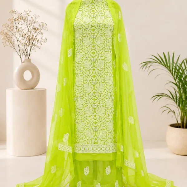 Neon_Lime_Green_Hand_Embroidered_Soft_Chiffon_Unstitched_Leaf_Chikankari_Suit_Set_With_Dupatta