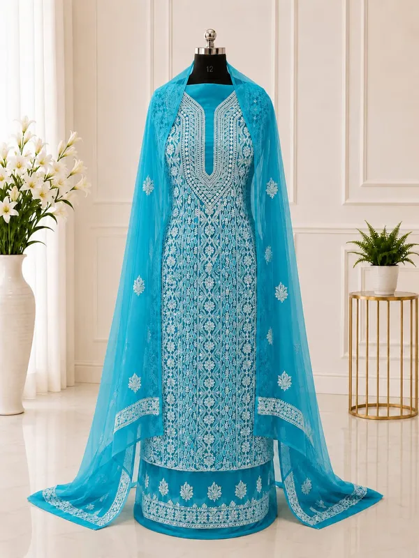 Turquoise_Blue_Chiffon_Front_Jaal_Suit_Piece_With_Dupatta