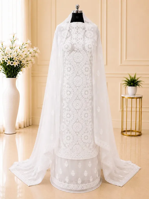 Pure_White_Hand_Crafted_Soft_Chiffon_Unstitched_Chikan_Suit_Set_In_Panel_Pattern