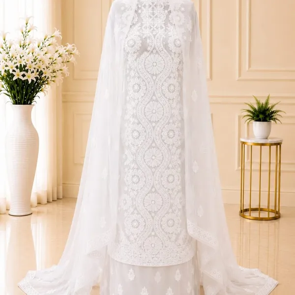 Pure_White_Hand_Crafted_Soft_Chiffon_Unstitched_Chikan_Suit_Set_In_Panel_Pattern