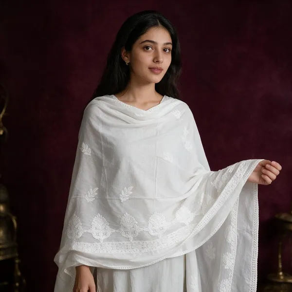 White_Hand_Embroidered_Lucknowi_Chikankari_Pure_Soft_Cotton_Dupatta