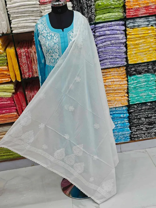 White_Hand_Embroidered_Lucknowi_Chikankari_Pure_Soft_Cotton_Dupatta