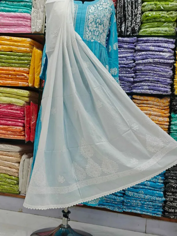White_Hand_Embroidered_Lucknowi_Chikankari_Pure_Soft_Cotton_Dupatta