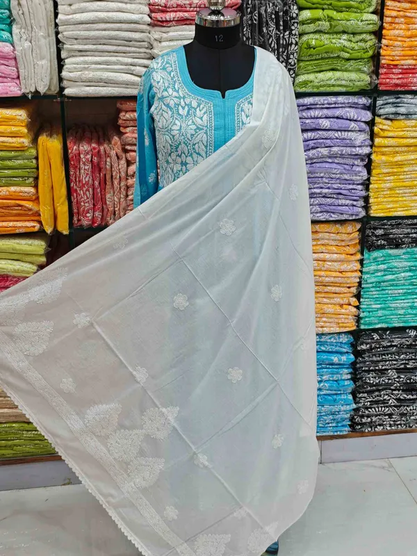 White_Hand_Embroidered_Lucknowi_Chikankari_Pure_Soft_Cotton_Dupatta