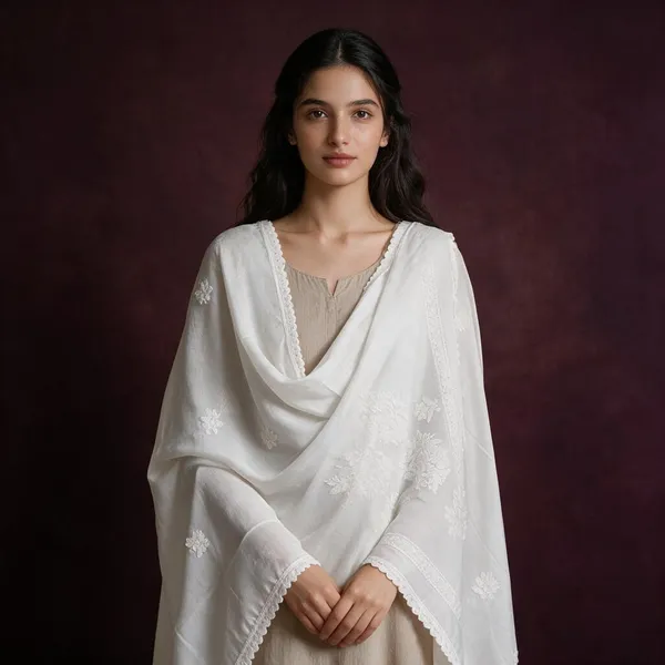 White_Hand_Embroidered_Lucknowi_Chikankari_Pure_Soft_Cotton_Dupatta