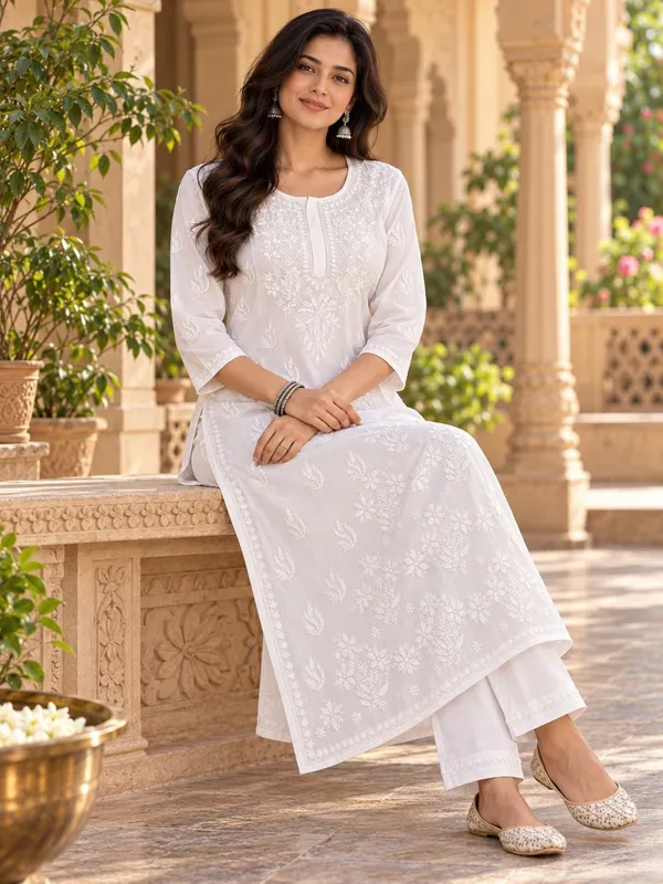 White_Hand_Embridered_Lucknow_Chikankari_Juhi_Cotton_Kurti