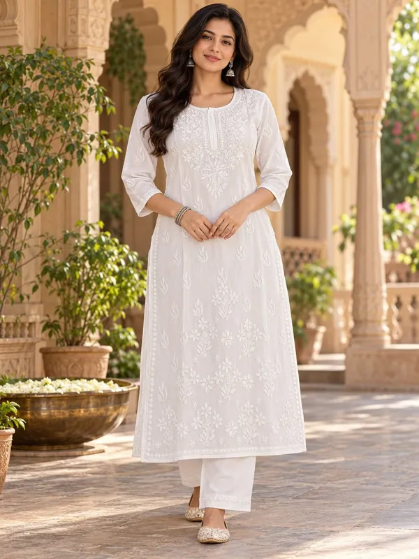 White_Hand_Embridered_Lucknow_Chikankari_Juhi_Cotton_Kurti