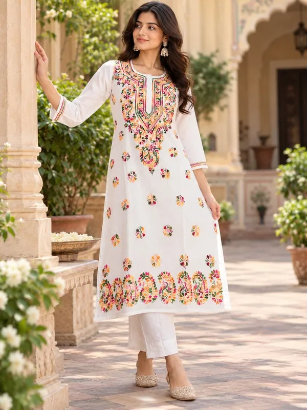 White_Hand_Embridered_Lucknow_Chikankari_Noori_Cotton_Kurti