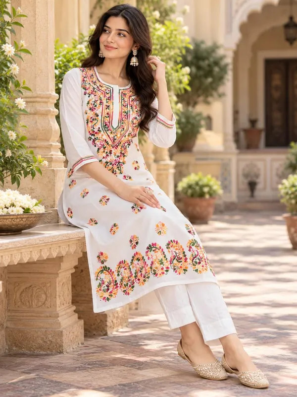 White_Hand_Embridered_Lucknow_Chikankari_Noori_Cotton_Kurti