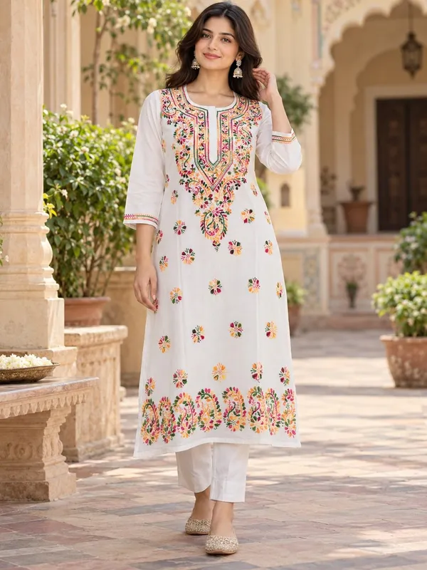 White_Hand_Embridered_Lucknow_Chikankari_Noori_Cotton_Kurti